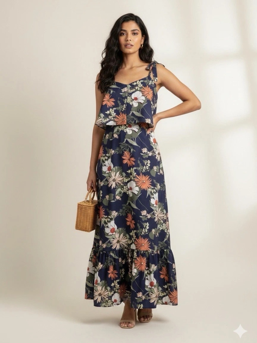 Banana Republic Floral Navy Tie-Shoulder Maxi Dress Petite size 00